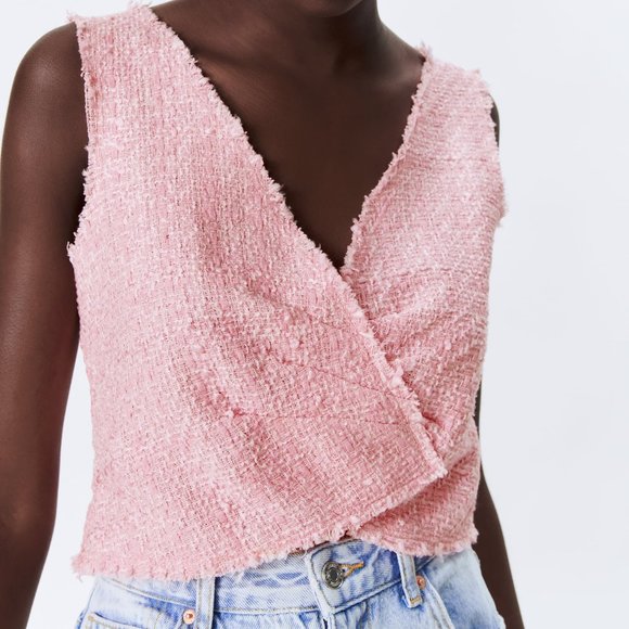 Zara Tweed Textured Weave Crop Top Size Large - Picture 1 of 8